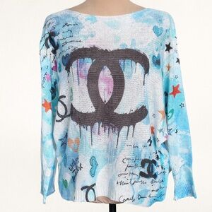 Gigi Moda Italy Blue Loose Knit Top Graffiti Print Long Sleeve Y2K OS